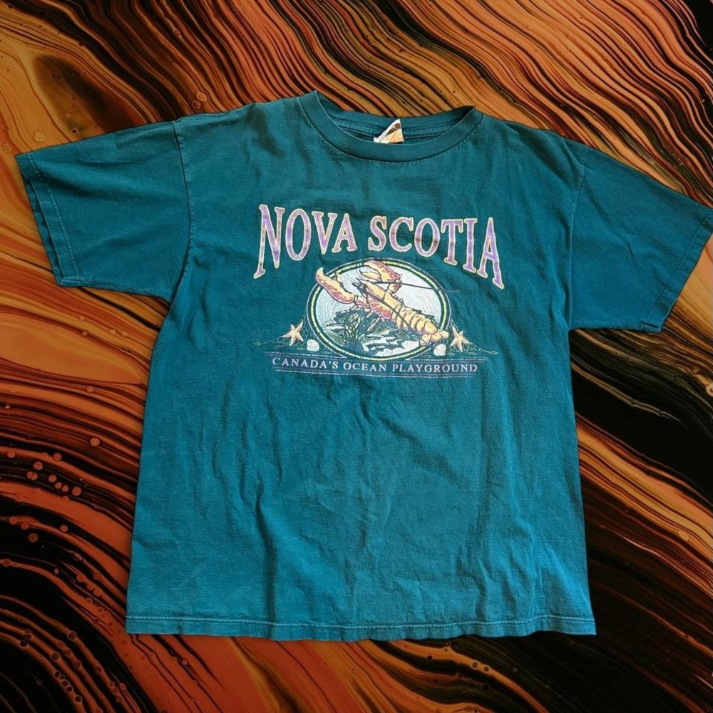 Vtg Nova Scotia Canada Green Souvenir‎ Tee 80s 90s Men's Large Lobster Nautical